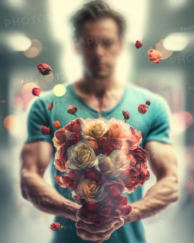 A man with dark hair holds a large bouquet of roses