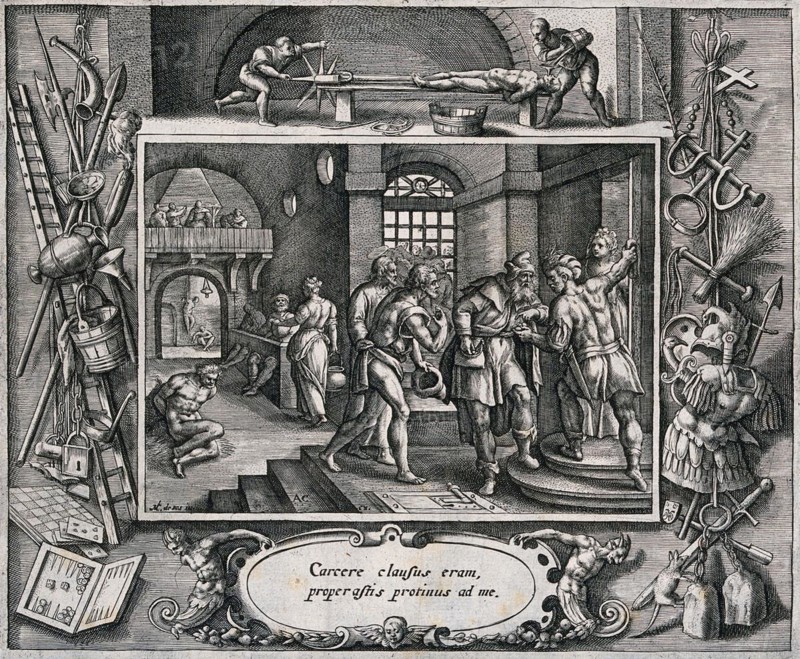 A prison guard receives money for freeing a prisoner from the torture chamber. Engraving by AC after M. de Vos. The torture chamber is populated by men in various rods and men writhing in pain The image is surrounded by depictions of torture and torture implements