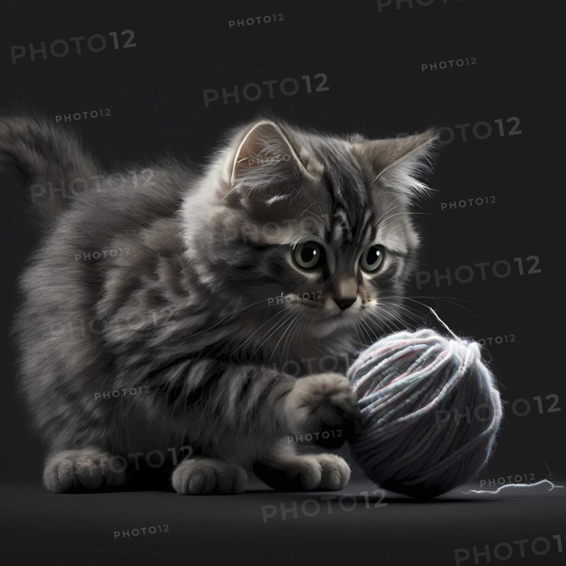 Small domestic cats play with a ball of yarn in front of a black background