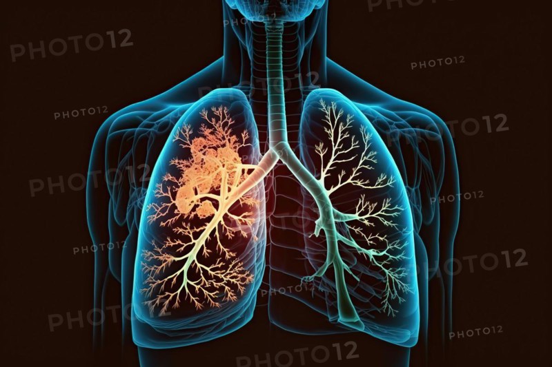 Schematic representation of a lung with bronchi and bronchioles as well as expression of a metastatic lung carcinoma