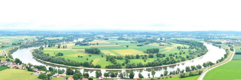 Aerial view of the river bend near Osterhofen with a view of the Danube near Muehlham. Osterhofen