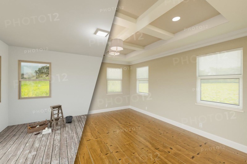 Tan before and after of master bedroom showing the unfinished and renovation state complete with coffered ceilings and molding