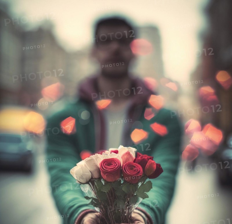 A man with dark hair holds a large bouquet of roses