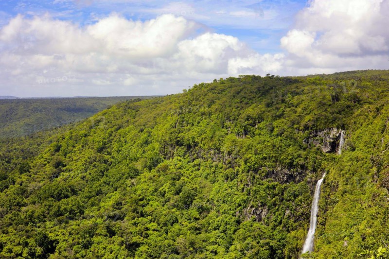 View into the Black River Gorges National Park and on a waterfall