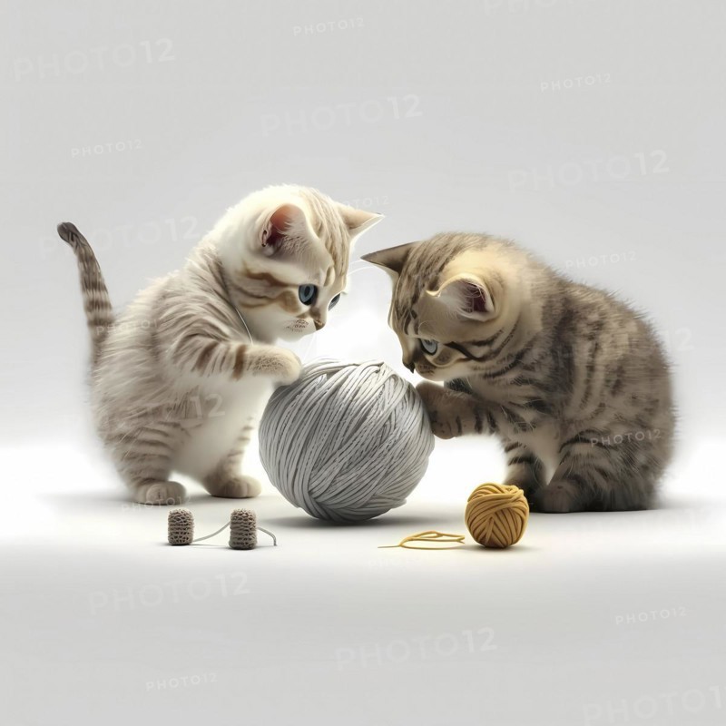 Small domestic cats play with a ball of wool in front of a white background