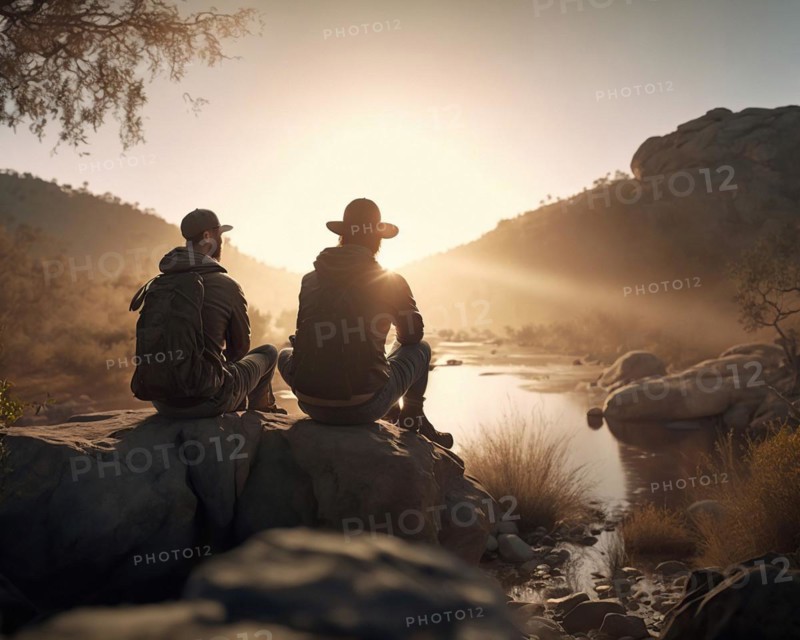 Two friends sitting in the evening light on a riverbank at sunset
