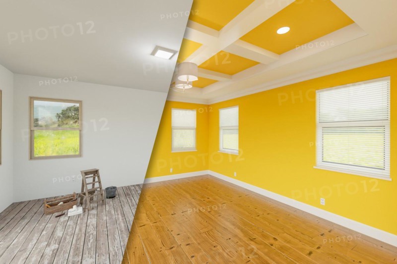 Bold yelllow before and after of master bedroom showing the unfinished and renovation state complete with coffered ceilings and molding