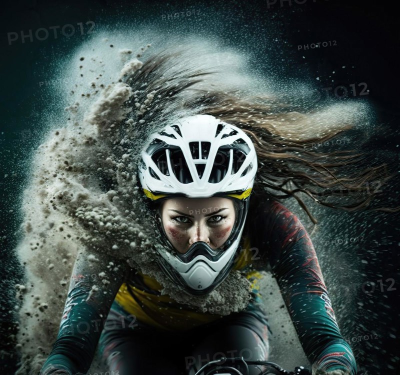 Mountain biker with white helmet in race