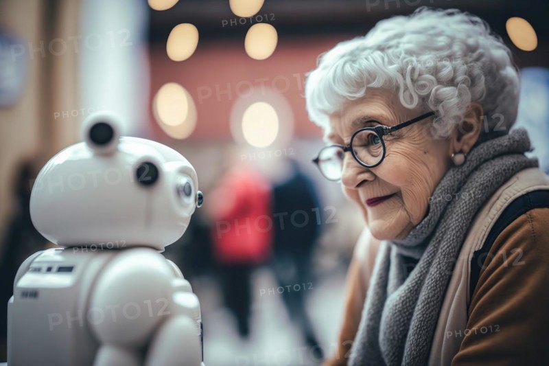 Cute care robot talks to a white-haired old lady in a public space