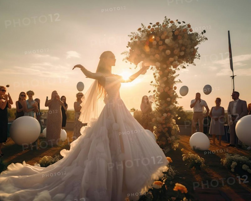A happy bride in a white wedding dress dances in the warm evening light