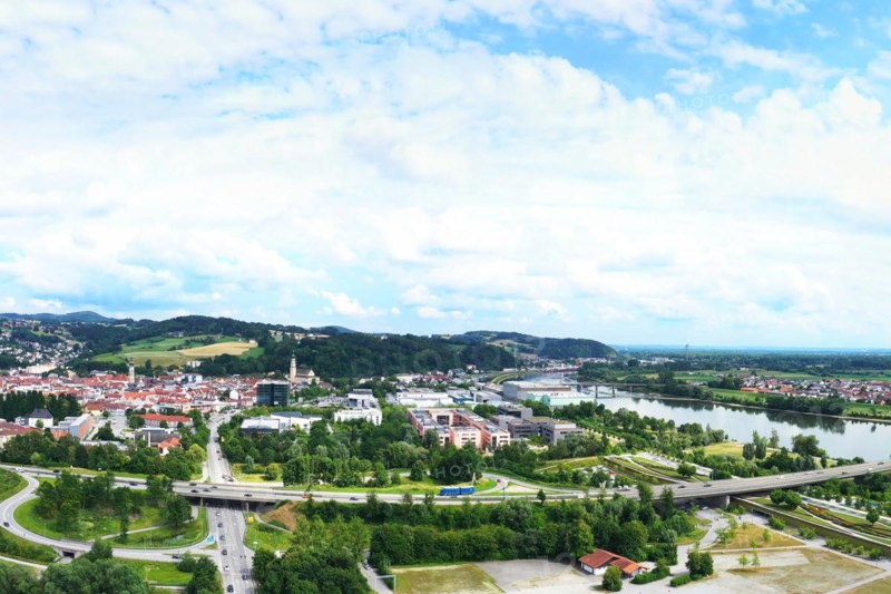 Aerial view of Deggendorf with a view of the historic old town. Deggendorf