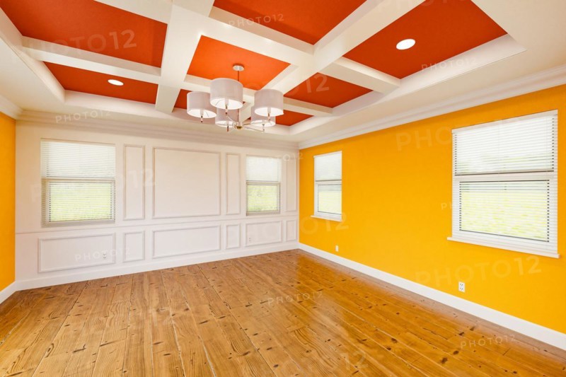 Beautiful bold red and yellow custom master bedroom complete with entire wainscoting wall
