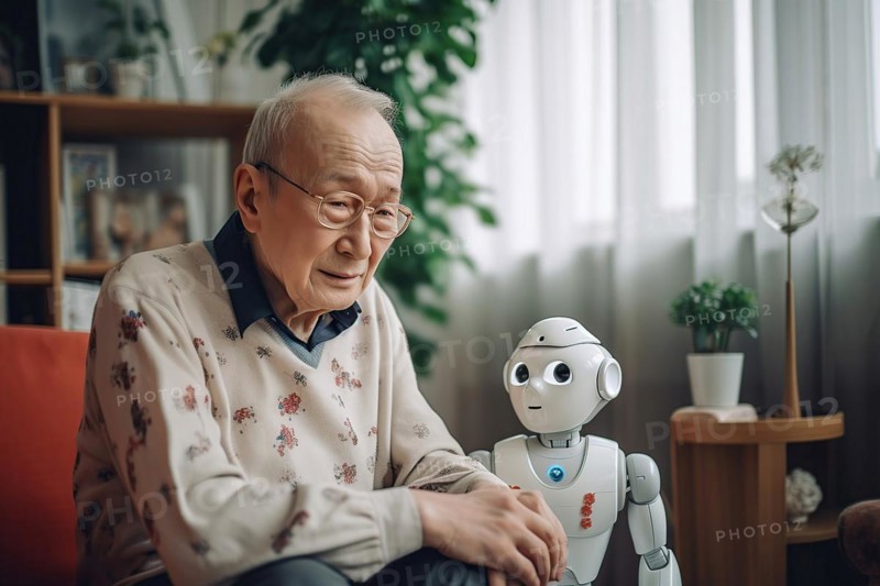 An elderly Asian man in a retirement home has fun with a nursing robot