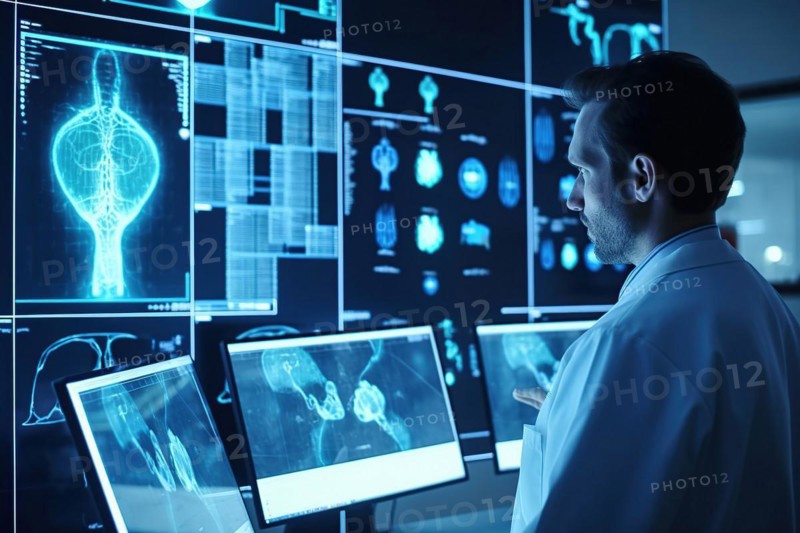 A doctor in a hospital evaluating AI-assisted medical diagnoses on large screens