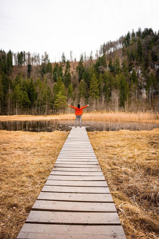 Male hiker on footbridge in front of lake