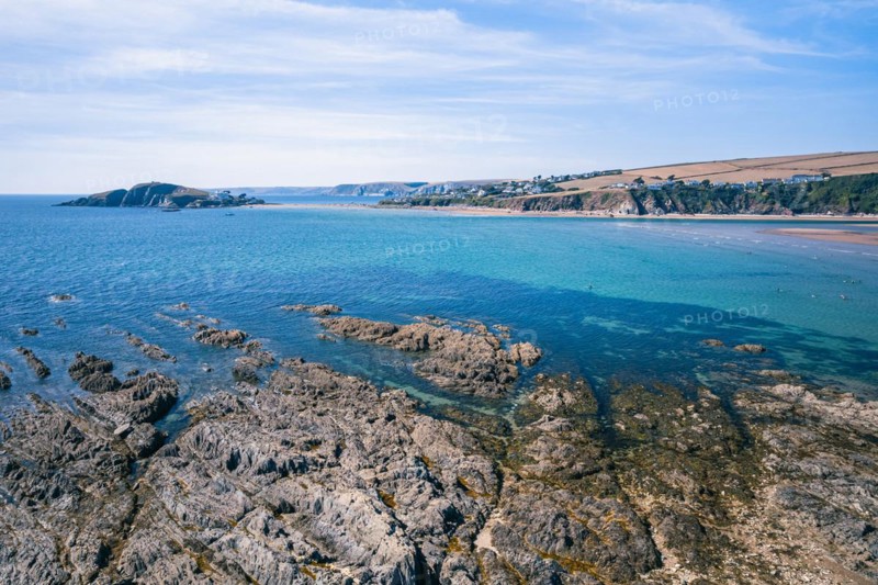 Aerial view of Burgh Island and Bigbury Beach from a drone