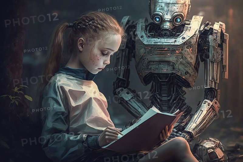 Young girl learning in the presence of artificial intelligence as a humanoid robot