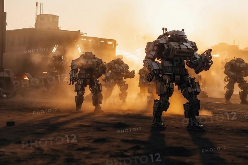 Fictional AI fighting robots on a battlefield of a city