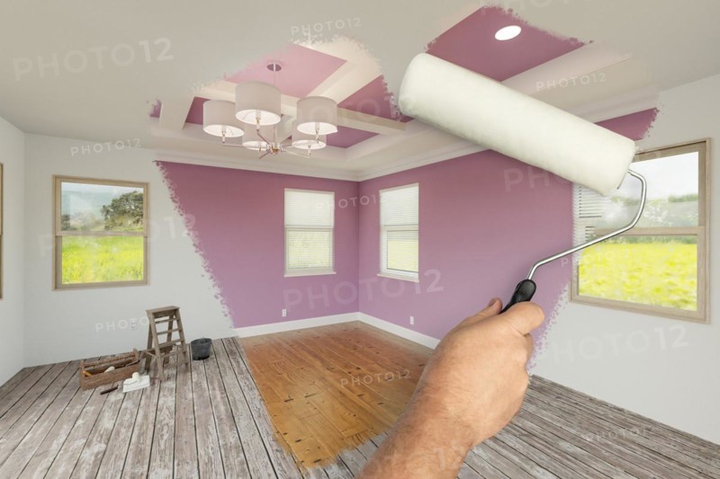 Before and after of man using A paint roller to reveal newly remodeled room with fresh lilac paint