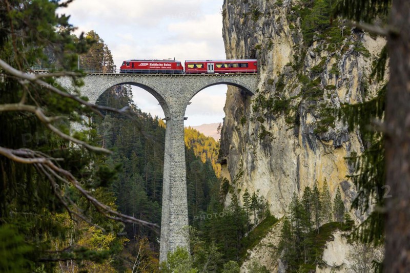 Landwasser Viaduct with train and locomotive
