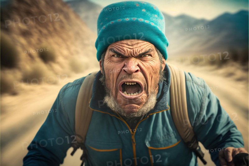 Angry screaming hiker in mountain landscape