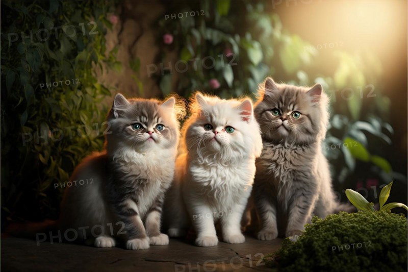 Three furry young cute kittens in a flower garden