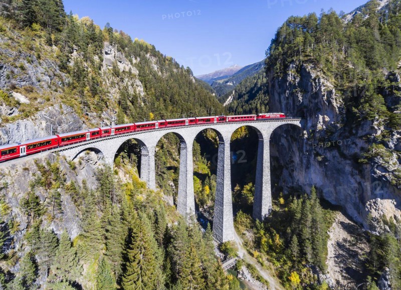 Landwasser Viaduct with train and locomotive