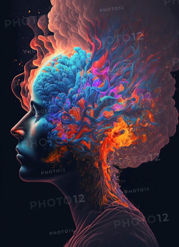 Illustration of a womans head in bright colours with massive neuronal activity of the brain and central nervous system Illustration