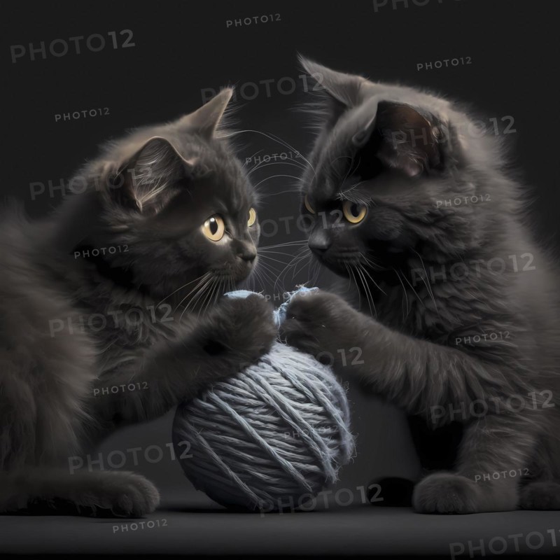 Small domestic cats play with a ball of yarn in front of a black background