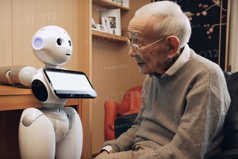 An elderly Asian man in a retirement home has fun with a care robot
