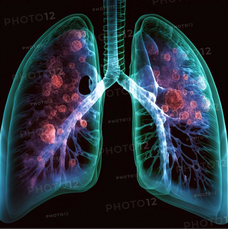 Schematic representation of the X-ray image of the lung with bronchi and bronchioles as well as expression of a metastatic lung carcinoma