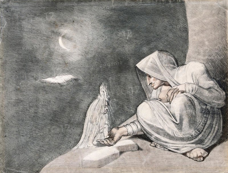 A witch in the moonlight opening her hand to a small creature