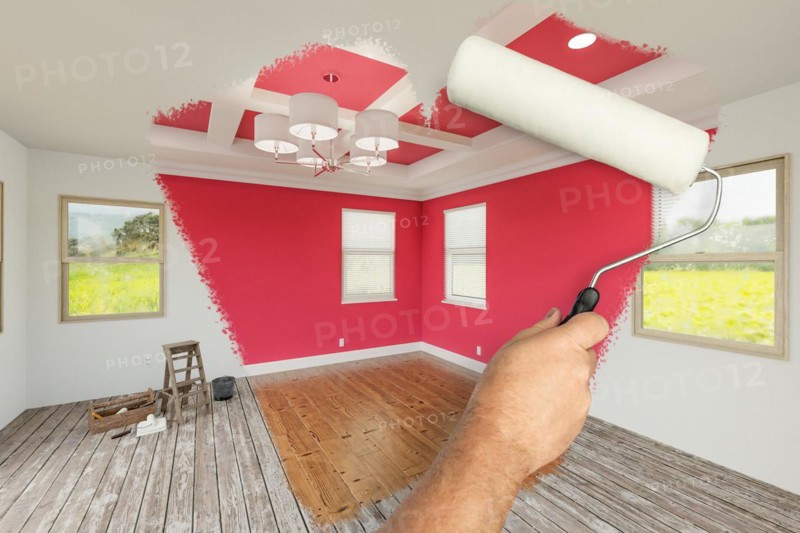 Before and after of man using A paint roller to reveal newly remodeled room with fresh viva magenta paint