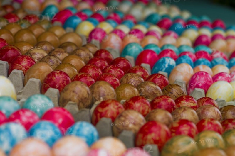 Colourful painted chicken eggs as Easter decoration