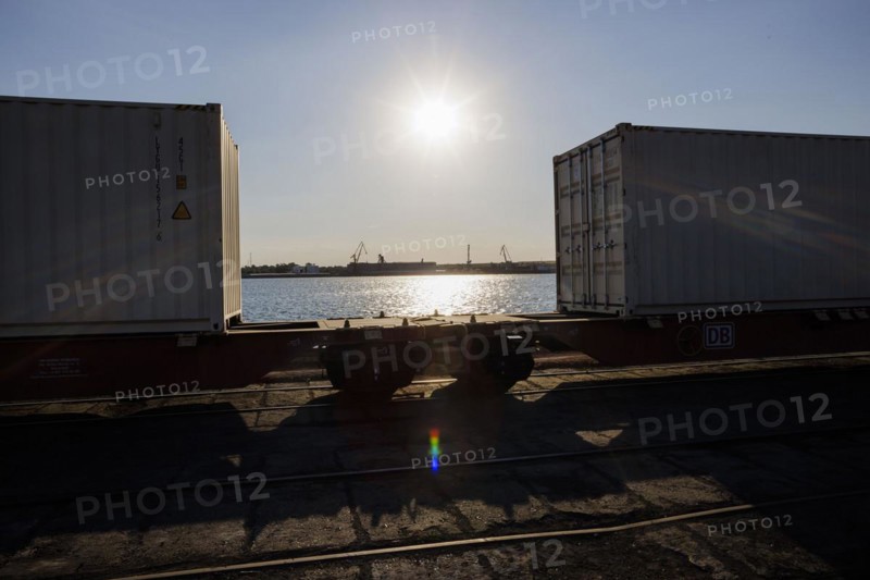 DB Cargo freight wagons stand in the port of Constanta. In the port of Constanta