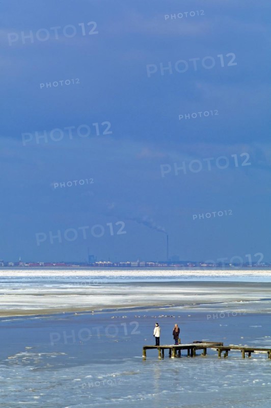 View over the frozen Jade Bay towards Wilhelmshaven