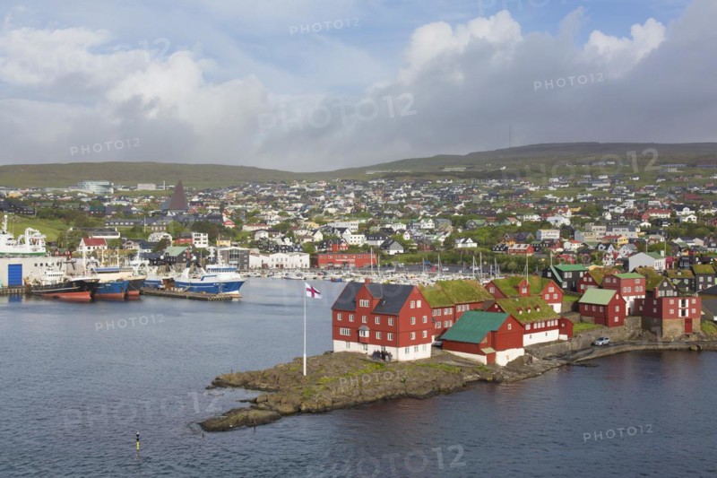 View over Tinganes showing government buildings in the the capital city Torshavn of the Faroe Islands