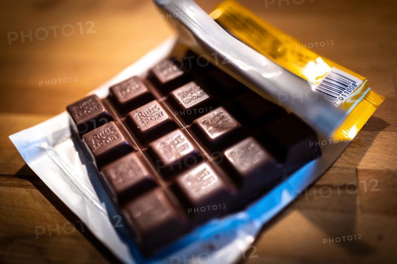 Ritter Sport chocolate lies unwrapped in a package on a kitchen worktop in Berlin