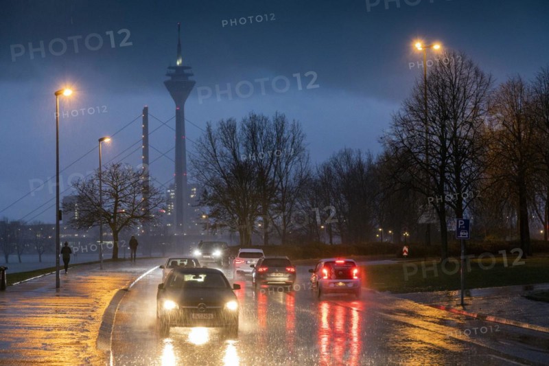 Heavy rain causes difficult road conditions in Duesseldorf on the Rhine