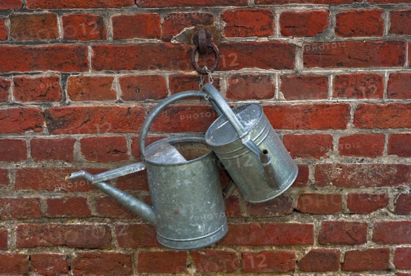 Zinc watering cans on a brick wall