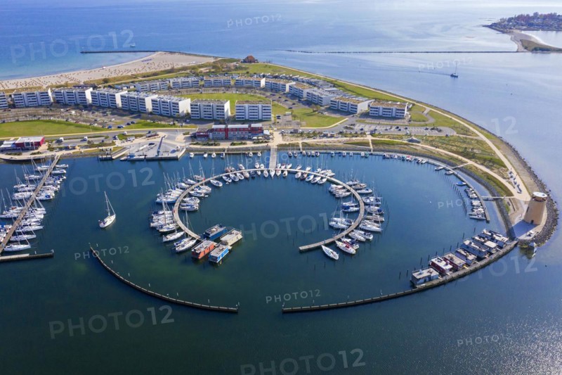 Aerial view over sailing boats docked in the Burgtiefe marina at on Fehmarn