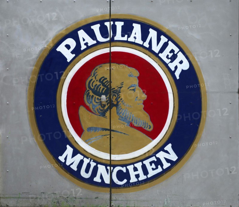 Logo Paulaner beer Munich on steel door