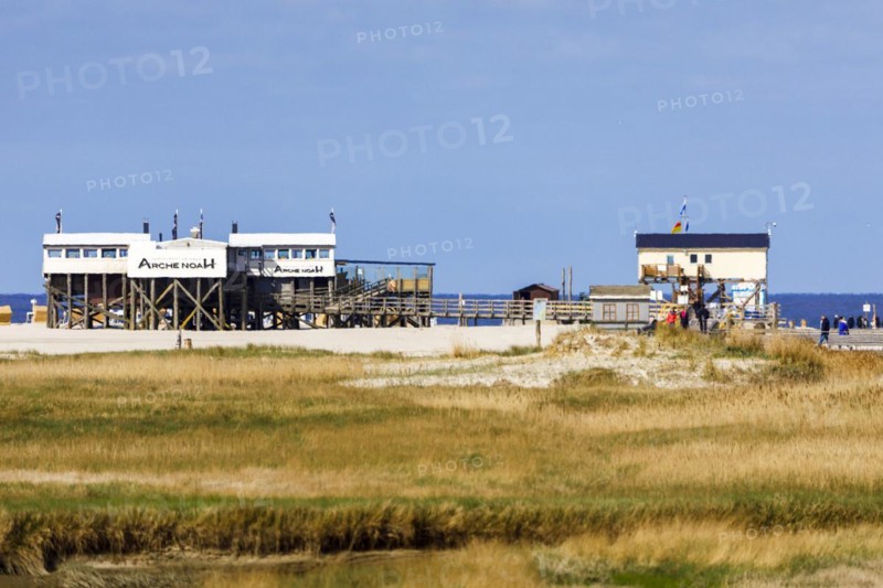 Sankt Peter-Ording beach with the typical pile dwellings