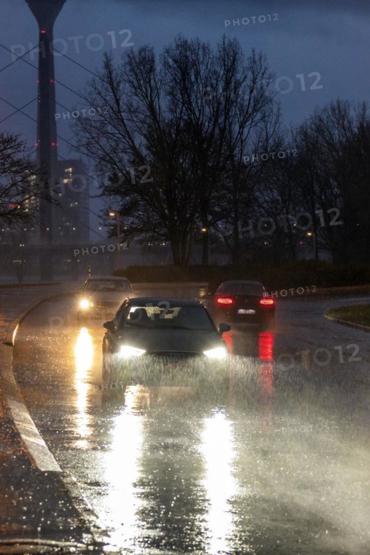 Heavy rain causes difficult road conditions in Duesseldorf on the Rhine