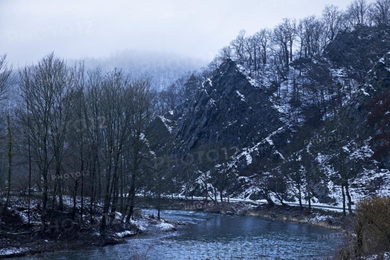 The river Lenne with the viewpoint of the Lenne loop in winter