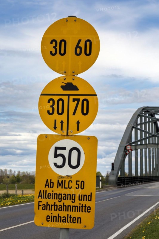 MLC signs identifying the military load class at the Eiderbruecke Friedrichstadt