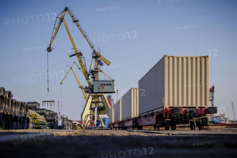 DB Cargo freight wagons stand in the port of Constanta. In the port of Constanta