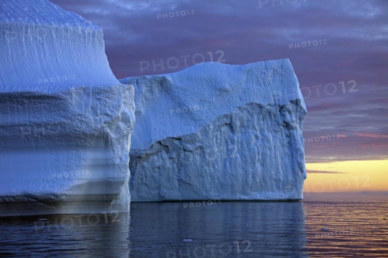 Icebergs at sunset in the Kangia icefjord