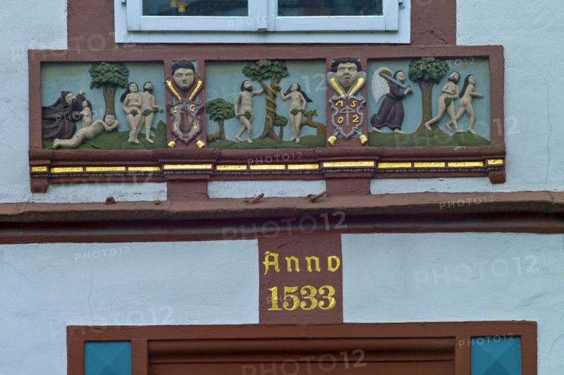 Religious relief on a half-timbered house
