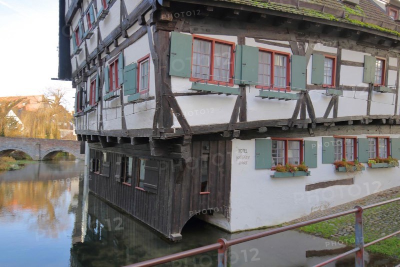 Half-timbered house Schiefes Haus Hotel and brook the Kleine Blau with Haeuslesbruecke